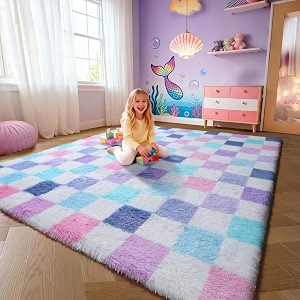 KICMOR Purple Rainbow Checkered 5x7 Area Rugs