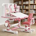 Kid's Study Desk and Chair Set, Height Adjustable Children's Desk and Chair Set with Bookshelf and Storage Drawer, 50-Degree Tiltable Desktop Study Table with Chairs for Bedroom Room Pink