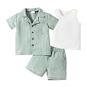 Kid Toddler Boy Clothes Short Sleeve Button-Down Shirt+Shorts+White Vest Summer Clothing Set 2-12 Years
