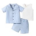 Kid Toddler Boy Clothes Short Sleeve Button-Down Shirt+Shorts+White Vest Summer Clothing Set 2-12 Years