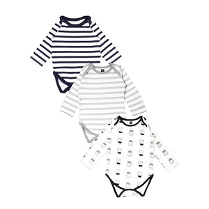 kidbea 100 organic cotton romper bodysuit jumpsuit combo 3 designs blue strip grey strip and cup print 3-6 month