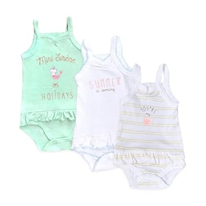 kidbea 100 organic cotton knit pack of 3 sleeveless printed half sleeve romper for baby girls - green white amp yellow line size 24-36m