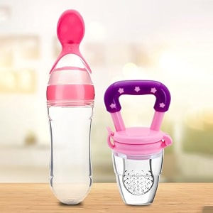 kidbea baby fruit feeder and food feeding spoon - ultra soft food grade silicone for cereals - infant 3 months plus 6 to 12 months pink combo 10 cm