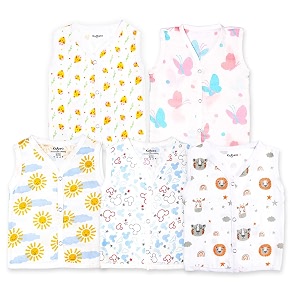 kidbea organic cotton muslin button jabla  white jhabla  for boys amp girls  summer wear jabala  comfortable baby products  sleeveless vest  assorted pack of 5 9 months-12 months