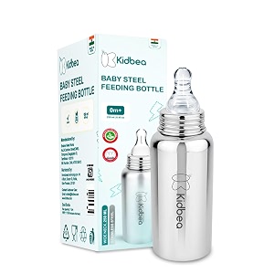 kidbea stainless steel infant baby feeding bottle bpa free anti-colic plastic-free medium-flow x 1 nipple 250 ml argyle