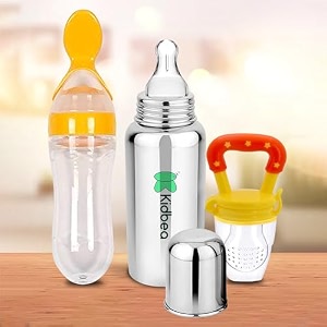 kidbea stainless steel infant baby feeding bottle silicone food and fruit feeder bpa free anti-colic plastic-free 304 grade medium-flow combo of 3