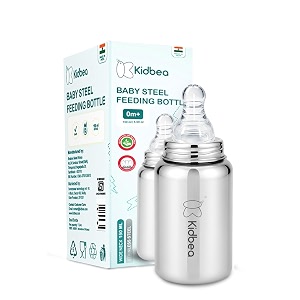 kidbea steel baby feeding bottle- 150ml  anti-colic wide neck milk bottle with silicon nipple newborn amp infants kids bpa free