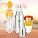Kidbea Stainless Steel Infant Baby Feeding Bottle, Silicone Food and Fruit Feeder BPA Free, Anti-Colic, Plastic-Free, 304 Grade Medium-Flow Combo of 3