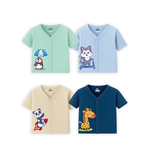 kidbee baby soft cotton half sleeve front open jabla top  pack of 4  v-neck button style with cute printed chest graphics