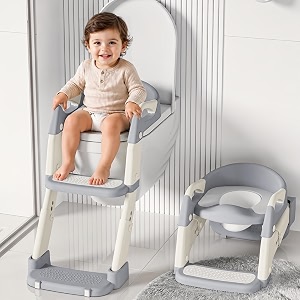 kiddough potty training seat with ladder splash guard handle and cushion seat polypropylene grey modern style for kids potty seat 3in 1 grey