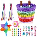 Kids Bike Basket, Detachable Bike Basket for Girls with Colorful Bicycle Streamers, Bicycle Bell, Windmill, Wheel Beads