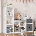 Kids Bookcase with Reading Nook, 44-Inch Toy Storage Bench with Cushion, 6 Cubby Shelves and 2 Fabric Drawers for Playroom or Bedroom