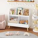 Kids Bookshelf and Toy Organizer with 5 Open Cubbies and 2 Large Storage Bins – Modern Wooden Bookcase for Nursery, Bedroom, Living Room or Classroom