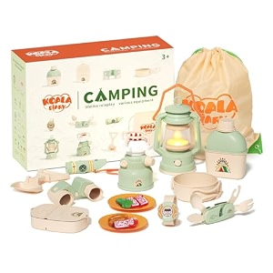kids camping play set with pretend food toys binoculars oil lantern stove watch storage bag camping gear tools indoor outdoor adventure toys gifts for toddler boys girls age 4 5 6 7 8