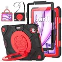 Kids Case for iPad Air 11 Inch M4 2026 / M3 2025 / M2 2024: ZSLVPN Shockproof Protective Case with 360° Rotating Handle &amp; Stand- Screen Protector- Shoulder Strap- Pencil Holder, Black/Red