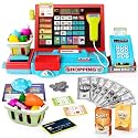 Kids Cash Register with Scanner and Sound, Microphone, Shopping Basket, 52 Shop Accessories, Role-Play Toys for Children, Play Money, Children's Cash Register (Blue)