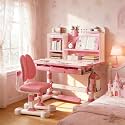 Kids Desk and Chair Set with Posture Corrector, Height Adjustable Ergonomic Study Table for Children 3-18 Years, Dual Back Support Chair, Bookshelf & Storage Drawers, for Bedroom (Pink)