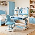 Kids Desk and Chair Set with Posture Corrector, Height Adjustable Ergonomic Study Table for Children 3-18 Years, Dual Back Support Chair, Bookshelf &amp; Storage Drawers, for Bedroom (Blue)
