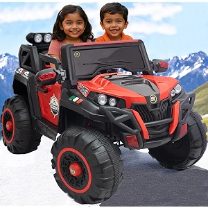 big size rechargeable baby battery-powered electric car jeep for kids ride-on car toy with bluetooth music amp lights  dual control mode for ages 2 to 8 year 6 month warranty red