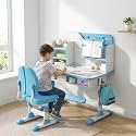 Kids Ergonomic Desk and Chair Set, Height Adjustable School Study Table with Bookshelf, Drawer and Spine Support Backrest, Kids Desk and Chair for Bedroom&Study Room (Blue)