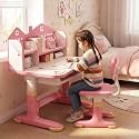 Kids Ergonomic Desk and Chair Set, Height Adjustable School Study Table with Bookshelf, Drawer and Spine Support Backrest, Kids Desk and Chair for Bedroom&amp;Study Room (Pink A)