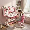 Kids Ergonomic Desk and Chair Set, Height Adjustable School Study Table with Bookshelf, Drawer and Spine Support Backrest, Kids Desk and Chair for Bedroom&Study Room (Pink D)