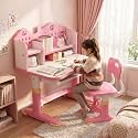 Kids Ergonomic Desk and Chair Set, Height Adjustable School Study Table with Bookshelf, Drawer and Spine Support Backrest, Kids Desk and Chair for Bedroom&Study Room (Pink C)