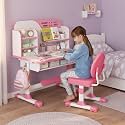 Kids Ergonomic Desk and Chair Set, Height Adjustable School Study Table with Bookshelf, Drawer and Spine Support Backrest, Kids Desk and Chair for Bedroom&Study Room (Pink B)
