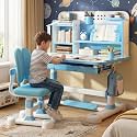 Kids Ergonomic Desk and Chair Set, Height Adjustable School Study Table with Bookshelf, Drawer and Spine Support Backrest, Kids Desk and Chair for Bedroom&Study Room (Blue A)