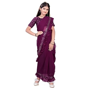 kids ethnic wine saree for girls with unstitched blouse  floral embroidered ready to wear saree  lightweight traditional dress for festive