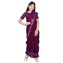 Kids Ethnic Wine Saree for Girls with Unstitched Blouse | Floral Embroidered Ready to Wear Saree | Lightweight Traditional Dress for Festive