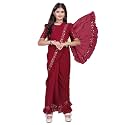 Kids Ethnic Wine Saree for Girls with Unstitched Blouse | Floral Embroidered Ready to Wear Saree | Lightweight Traditional Dress for Festive