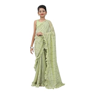 kids fancy jari tikli work ready to wear saree with unstitched blouse piece designer pre draped saree for girls traditional ethnic outfit ocassion wear saree for wedding festival amp events