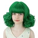 Kids Green Wig Short Curly Green Bob Child Wigs with Bangs Synthetic Wigs with Wig Cap for Cosplay Party Costume