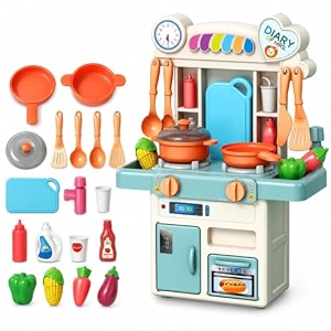 kids kitchen set with pretend play accessories water spray cooking effect toy oven sink storage shelves amp kitchen utensils role play cooking toy for boys amp girls 43 pcs