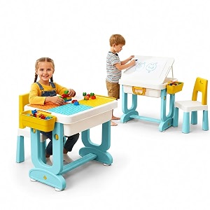 kids learning desk amp chair set  4-in-1 study table with storage amp bookshelf  polypropylene activity desk for children 3-7 years  reading writing drawing homework  blue multi-colour