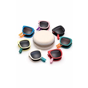 kids modern square foldable sunglasses for boys and girls with protective case