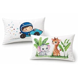 kids pillow pack of 2 12x18 inch soft polyester fabric cute cartoon prints racing car baby driver  elephant amp giraffe jungle baby pillow for 15 years neck support cushion set