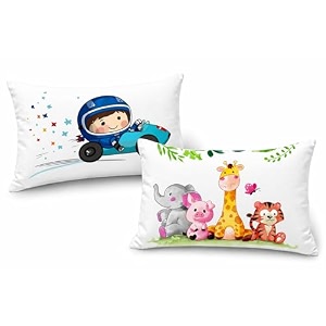 kids pillow pack of 2 12x18 inch soft polyester fabric cute cartoon prints racing car  jungle animals elephant giraffe tiger baby pillow for 15 years neck support cushion set
