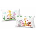 Kids Pillow Pack of 2, 12x18 Inch Soft Polyester Fabric, Cute Cartoon Prints (Elephant Scooter + Jungle Animals Elephant, Tiger), Baby Pillow for 1–5 Years, Neck Support Cushion Set