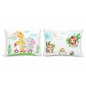 Kids Pillow Pack of 2, 12x18 Inch Soft Polyester Fabric, Cute Cartoon Prints (Elephant & Giraffe Scooter + Lion, Tiger & Baby Chick), Baby Pillow for 1–5 Years, Neck Support Cushion Set