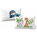 Kids Pillow Pack of 2, 12x18 Inch Soft Polyester Fabric, Cute Cartoon Prints (Racing Car Baby Driver + Elephant & Giraffe Jungle), Baby Pillow for 1–5 Years, Neck Support Cushion Set