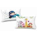 Kids Pillow Pack of 2, 12x18 Inch Soft Polyester Fabric, Cute Cartoon Prints (Racing Car + Jungle Animals Elephant, Giraffe, Tiger), Baby Pillow for 1–5 Years, Neck Support Cushion Set