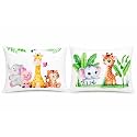 Kids Pillow Pack of 2, 12x18 Inch Soft Polyester Fabric, Cute Jungle Animal Cartoon Prints (Elephant, Giraffe, Pig & Tiger Combo), Baby Pillow for 1–5 Years, Neck Support Cushion Set