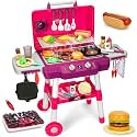 Kids Play Kitchen Toys, Kids BBQ Grill Playset with Smoke Sound Light, 2-Layer Barbecue Toy with Wheels, Outdoor Play Food Toys Cooking Set for Toddler 3-5, Birthday for Boy Girl (Pink)