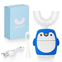 Kids Sonic Electric Toothbrush U Shaped Automatic Timer IPX7 Waterproof 5 Modes 360° Oral Cleaning Teeth Whitening Gums Massage Replaceable Soft Cartoon for 2-7 (Blue Penguin)