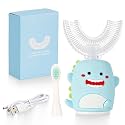 Kids Sonic Electric Toothbrush U Shaped Automatic Timer IPX7 Waterproof 5 Modes 360° Oral Cleaning Teeth Whitening Gums Massage Replaceable Soft Cartoon for 2-7 (Blue Dinosaur)