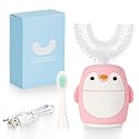 Kids Sonic Electric Toothbrush U Shaped Automatic Timer IPX7 Waterproof 5 Modes 360° Oral Cleaning Teeth Whitening Gums Massage Replaceable Soft Cartoon for 2-7 (Pink Penguin)