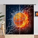 Kids Sports Curtains W42 x L84 Inch Rod Pocket Basketball Fire Ball Water Flame Thunder Lightning Print Pattern Privacy Fabric Window Drapes for Boys Bedroom Nursery Baby Playroom 2 Panels