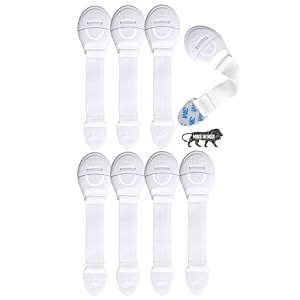 kids station baby safety nylon drawer locks - strong and adhesive safety locks for drawers cabinets fridge and cupboard baby proofing product with 3m adhesive tape pack of 8 white